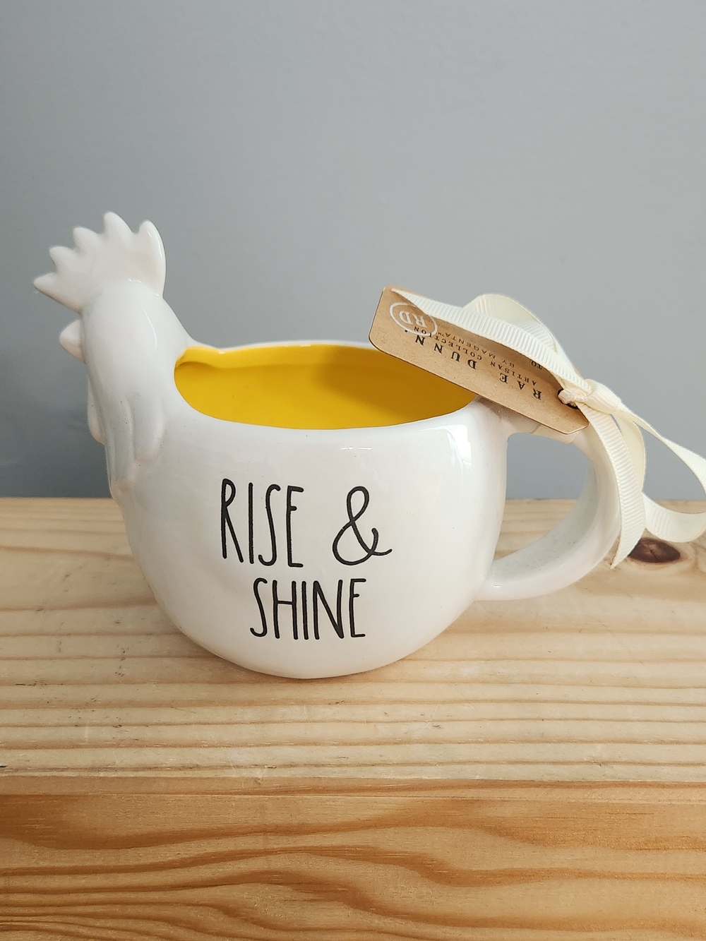 Rae Dunn Rise & Shine Ceramic Rooster Shaped Mug with Yellow Interior NWT
